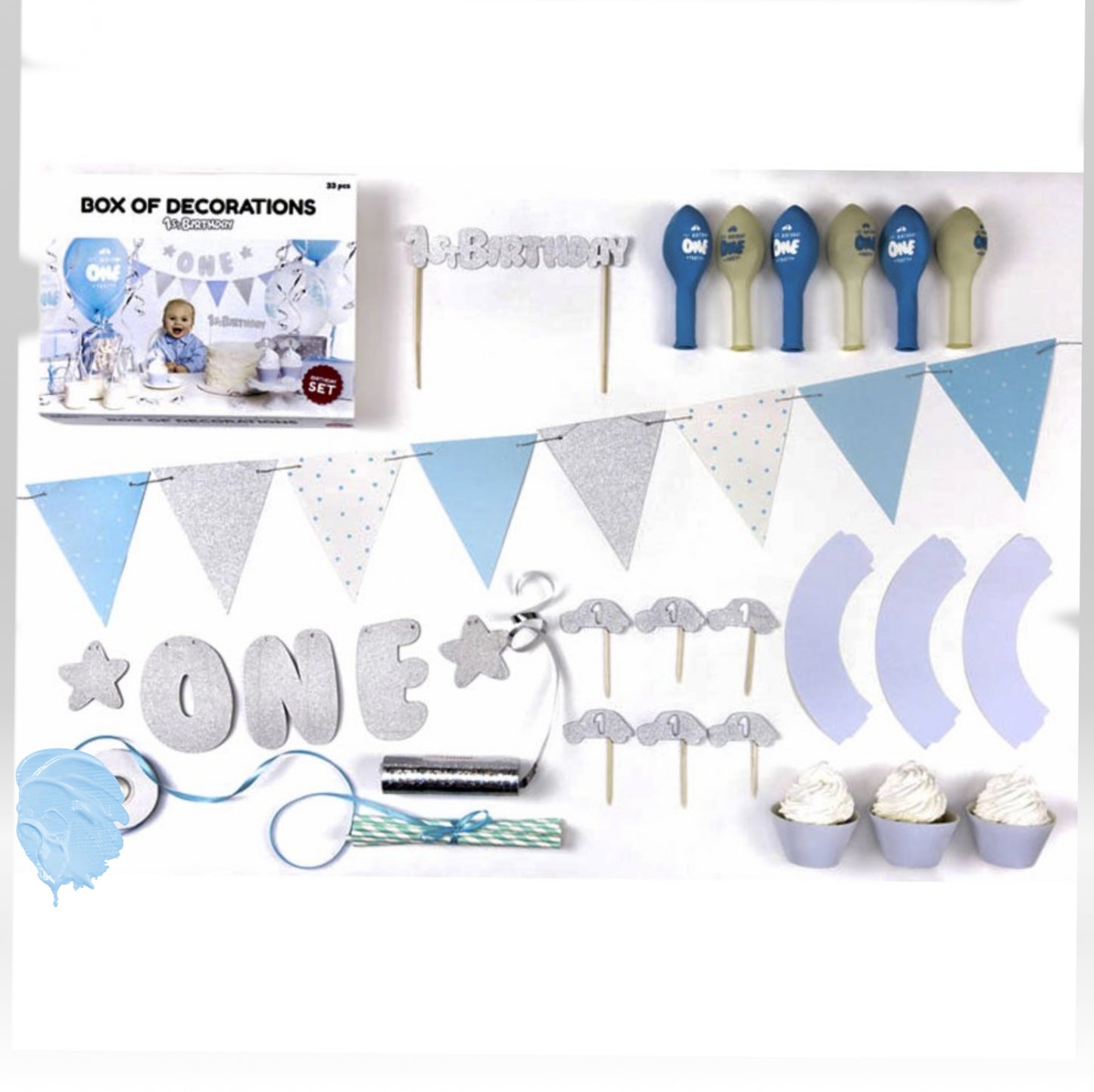 Box decorazioni "Primo Compleanno" Azzurro Bambino