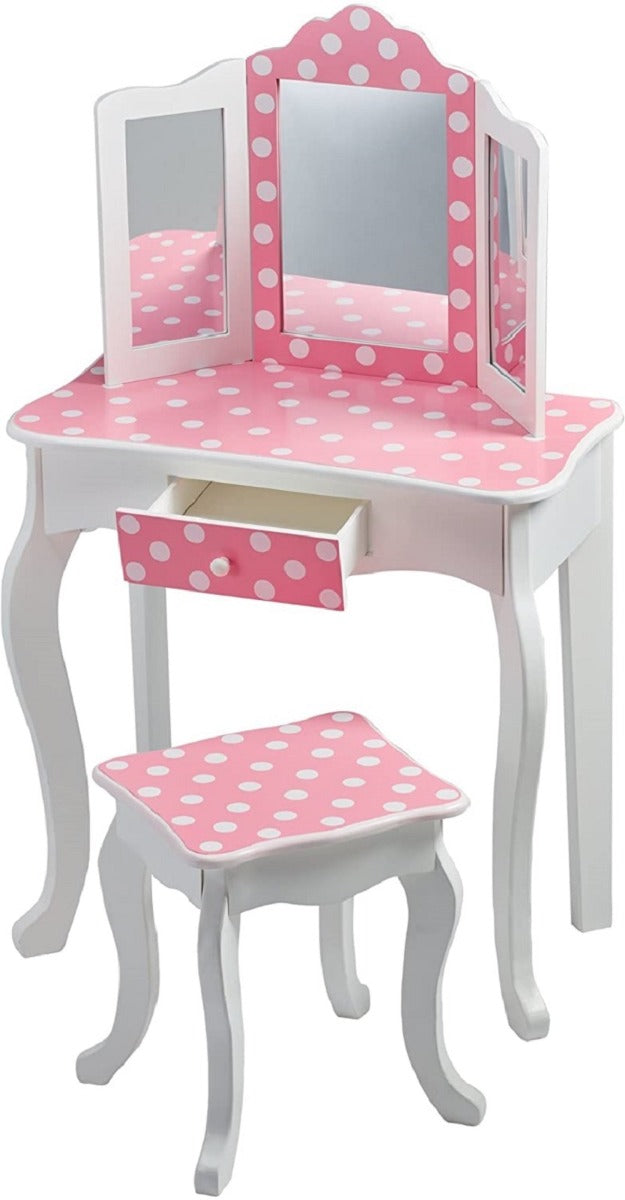 Toletta In Legno A Pois Con Specchio E Sgabello Per Bambini Rosa - In Legno