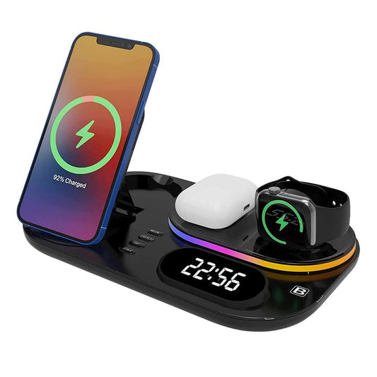 Stazione di ricarica wireless 4 in 1 con orologio digitale e luce notturna, caricabatterie wireless veloce da 15 W